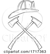 Poster, Art Print Of Fireman Helmet With Crossed Fire Axe Line Drawing Black And White