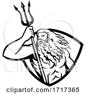 Poster, Art Print Of Neptune Or Poseidon With Trident Looking To Side Shield Retro Black And White