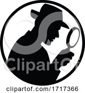 Detective With Magnifying Glass Silhouette Circle Black And White by patrimonio