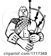 Poster, Art Print Of Scotsman Bagpiper Player Playing Bagpipes Front View Retro Black And White