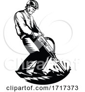 Poster, Art Print Of Construction Worker With Jack Hammer Pneumatic Drill Woodcut Retro Black And White