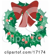 Decorative Christmas Wreath Made Of Holly And Berries Topped With A Red Bow Clipart Illustration