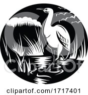 Poster, Art Print Of Egret Or Heron In Marsh Circle Woodcut Black And White
