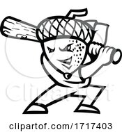 Acorn Or Oak Nut Baseball Player Batting Mascot Black And White