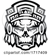 Aztec Warrior Skull Viewed From Front Mascot Black And White by patrimonio