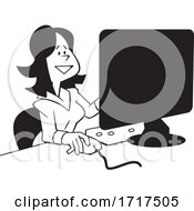 Poster, Art Print Of Cartoon Black And White Happy Business Woman Working At A Computer Desk