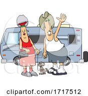 Cartoon Happy Couple And Dog By Their Camper Trailer