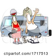 Poster, Art Print Of Cartoon Happy Couple Wearing Masks And Standing With Their Dog By Their Camper Trailer