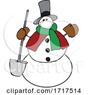 Cartoon Snowman Wearing A Covid Mask And Holding A Shovel