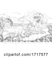 Poster, Art Print Of Hungry Tyrannosaurus Rex Dinosaur Attacking A Triceratops Black And White