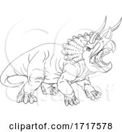 Poster, Art Print Of Black And White Roaring Angry Triceratops Dinosaur Facing Right