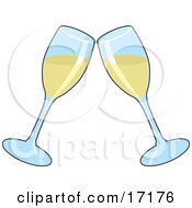 Two Wine Glasses Toasting With White Wine At A Wedding Anniversary Or Other Event Clipart Illustration