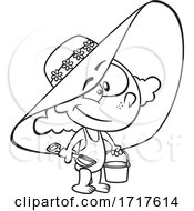 Cartoon Outline Girl Wearing A Beach Hat And Swimsuit And Carrying A Beach Bucket