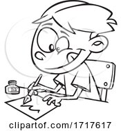 Cartoon Outline Boy Writing With A Fountain Pen