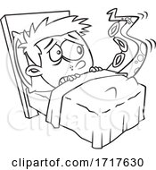 Cartoon Black And White Scared Boy With A Tentacled Monster Emerging From Under The Bed