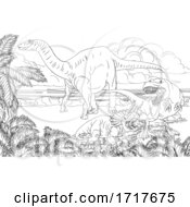 Black And White Diplodocus Dinosaur By A T Rex And Triceratops In A Fight