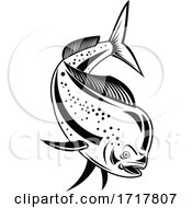 Poster, Art Print Of Mahi Mahi Or Common Dolphinfish Diving Down Retro Black And White