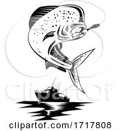 Poster, Art Print Of Mahi Mahi Dorado Dolphinfish Jumping Up With Fishing Boat Retro Black And White