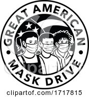 American Children Of Different Ethnicity Wearing Face Mask Circle Retro Black And White