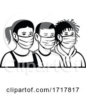 Poster, Art Print Of Children Of Different Race And Ethnicity Wearing Face Mask Retro Black And White