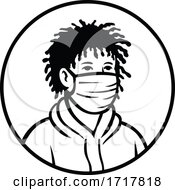 Black Boy Wearing Face Mask Front View Retro Black And White