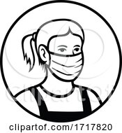 Caucasian Teenage Girl Wearing Face Mask Front View Circle Retro Black And White