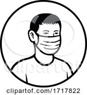 Poster, Art Print Of Asian Teenage Boy Wearing Face Mask Front View Circle Retro Black And White