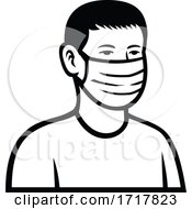 Poster, Art Print Of Asian Teenage Boy Wearing Face Mask Front View Retro Black And White