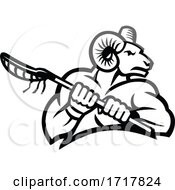 Poster, Art Print Of Bighorn Ram Mountain Goat Or Sheep Holding A Lacrosse Stick Black And White