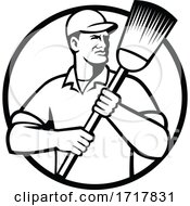 Poster, Art Print Of Street Sweeper Janitor Or Cleaner Holding Broom Circle Retro Black And White