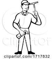 Poster, Art Print Of Window Cleaner Holding Squeegee And Spray Bottle Cartoon Black And White