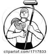 Poster, Art Print Of High Rise Window Cleaner With Rope And Squeegee Circle Retro Black And White