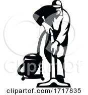 Poster, Art Print Of Cleaner Janitor Vacuuming Cleaning With Vacuum Cleaner Retro Black And White