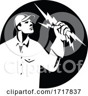 Poster, Art Print Of Electrician Lineman Holding Lightning Bolt Side View Retro Black And White