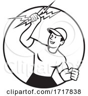 Electrician Holding Up Lightning Bolt Circle Cartoon Black And White