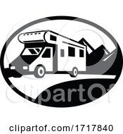 Poster, Art Print Of Campervan Motorhome Caravan Van On Road With Mountains Oval Black And White