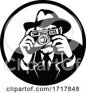 Photographer Wearing Fedora Shooting Camera Retro Black And White by patrimonio
