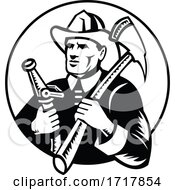 Poster, Art Print Of Fireman Holding Fire Axe And Hose Circle Woodcut Retro Black And White