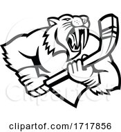 Saber Toothed Cat Holding Ice Hockey Stick Mascot Black And White