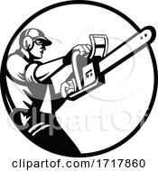 Poster, Art Print Of Arborist Or Tree Surgeon Holding Chainsaw Side View Circle Retro Black And White