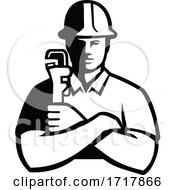 Pipefitter Holding Pipe Wrench Arms Folded Front View Black And White
