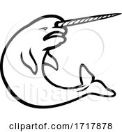Poster, Art Print Of Angry Narwhal Jumping Mascot Black And White