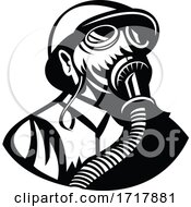 Poster, Art Print Of Gasman Wearing A Hardhat And Gas Mask Looking Up Retro Black And White