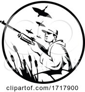 Poster, Art Print Of Bird Hunter Or Duck Shooter With Rifle Circle Retro Black And White