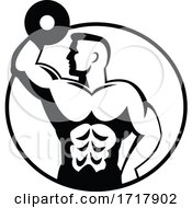 Poster, Art Print Of Muscular Bodybuilder Lifting Dumbbell Viewed From Side Circle Retro Black And White