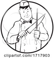 Poster, Art Print Of Butcher Sharpening Knife Front View Circle Cartoon Black And White