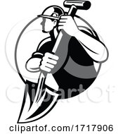 Poster, Art Print Of Construction Worker Or Builder Holding A Spade Circle Retro Black And White