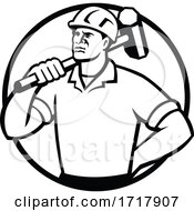 Poster, Art Print Of Demolition Worker With Sledgehammer Circle Retro Black And White