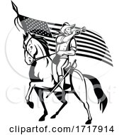 United States Cavalry On Horse Blowing Bugle With USA Flag Retro Black And White