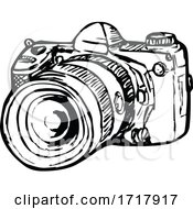 DSLR Digital Still Image Camera With Zoom Drawing Side Black And White